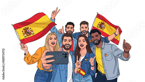 Diverse group of friends taking a selfie with Spanish flags, conveying excitement and national pride on a white background.