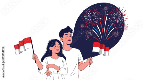 Illustration of a smiling couple holding Indonesian flags with fireworks in the background on a white background.