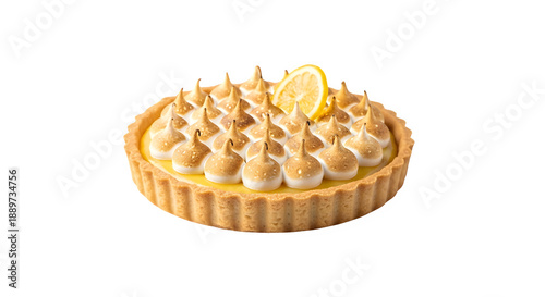 Meringue-topped lemon tart on white background