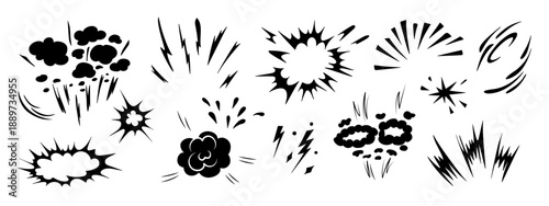 Dynamic doodle superhero comic burst with explosives effect vector illustration set. Hand-drawn motion line collection creating powerful cartoon action energy explosion.
