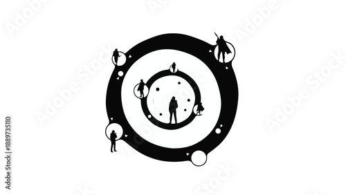 Abstract representation of interconnected people within concentric circles, symbolizing community and unity.