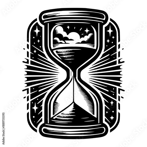 Symbol of Passing Time: An intricately detailed illustration of an hourglass, representing the ephemeral nature of time, with a serene landscape scene within its glass enclosure.