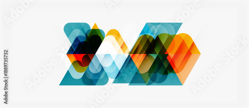 Abstract geometric shapes overlap, creating vibrant color patterns. Design features layered translucent elements, modern aesthetic.