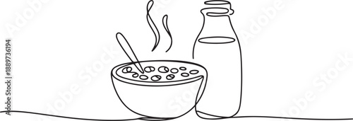 One continuous line drawing fresh delicious bowl of cereal breakfast and a bottle of milk. Healthy breakfast template concept. one line Icon drawing