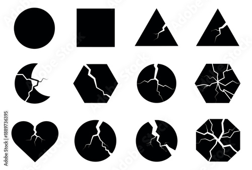 Abstract graphic elements set featuring whole and broken geometric forms and a cracked heart for conceptual designs