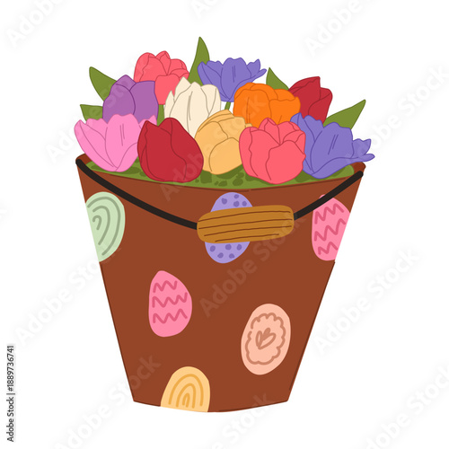 Bucket with flowers, Hand-drawn tulip flowers in a bucket isolated on white.