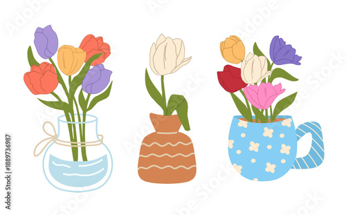 Spring hand-drawn flowers in clear vase and pot set, vector graphic illustration of tulip isolated.