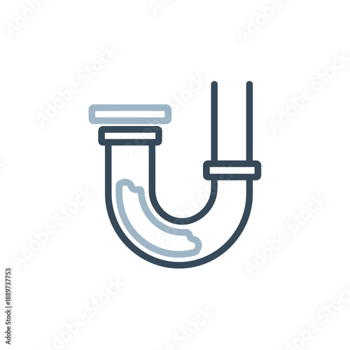 Plumbing pipe with water P-trap, illustration of a drain pipe with water in the U-bend symbol