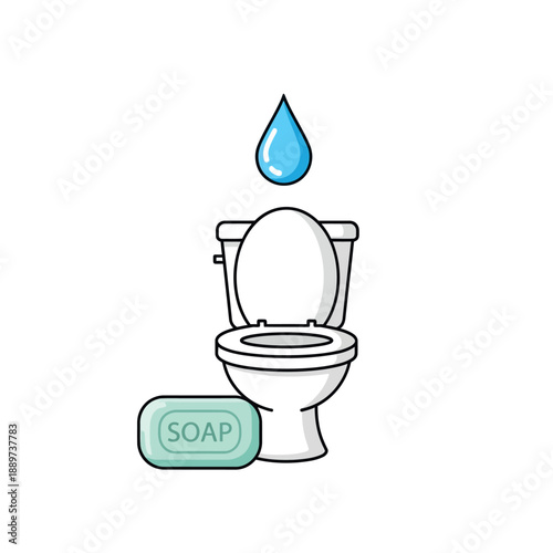 A cartoon illustration of a toilet with a bar of soap and a water droplet above it, symbolizing cleanliness and hygiene in a bathroom