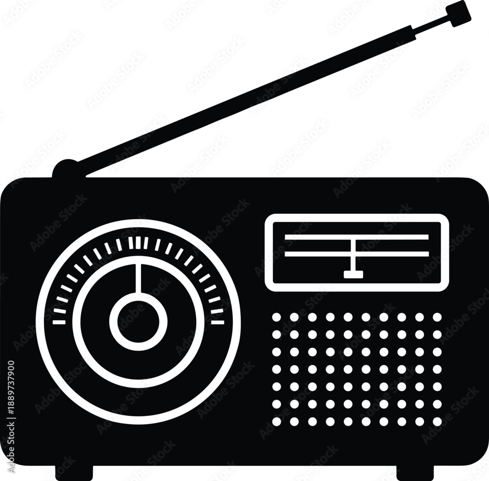 Fototapeta premium Minimal vector silhouette of a vintage hand-held radio with a tuning dial and an antenna, solid black, isolated on a white background.