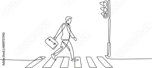 Continuous one line drawing a male worker crosses the road on the zebra crossing after returning from work. There's a traffic light there too. one line Icon drawing