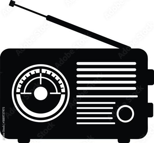 Minimal vector silhouette of a vintage hand-held radio with a tuning dial and an antenna, solid black, isolated on a white background.