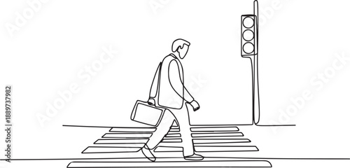Continuous one line drawing a male worker crosses the road on the zebra crossing after returning from work. There's a traffic light there too. one line Icon drawing