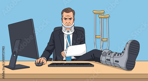 A man in a business suit sits at an office desk with a computer, on crutches with a leg brace, looking professional despite being injured.