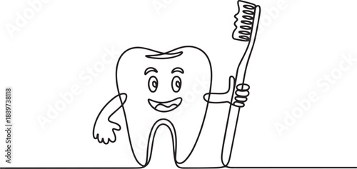 Continuous one line drawing giant tooth is holding toothbrush and one of his hands is doing thumbs up gesture. Symbol for dental clinic, oral care. one line Icon drawing