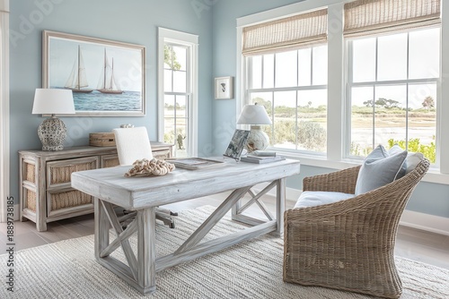 driftwood, shells, and maritime artwork to evoke a serene, breezy atmosphere reminiscent of a seaside 