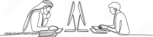 Single continuous line drawing two monitors are standing in front of each other, one side contains Arab male student studying and the other contains. one line Icon drawing