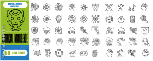 ARTIFICIAL INTELLIGENCE ICONS SET. CONTAINING PATTERN RECOGNITION, MACHINE LEARNING, INTERNET OF THINGS, ALGORITHM, NEURAL NETWORK AND MORE. EDITABLE STROKE. VECTOR ILLUSTRATION