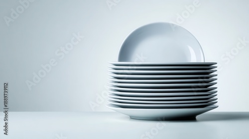 Stack of clean white plates on minimalist background