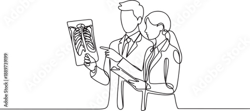 One continuous single line drawing of young male and female doctor discussing and diagnosing patient x-ray photo result together. Medical healthcare concept. one line Icon drawing