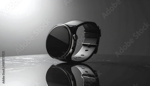 Round Black Smartwatch with Reflective Screen and Band on a Glossy Surface wearable technology