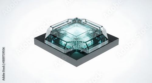 Abstract geometric crystal structure with glowing blue light on a dark square base against a white background