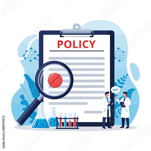 Medical professionals discussing health policy with clipboard and magnifying glass