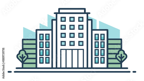 Modern office building with green accents isolated on white background, Vector