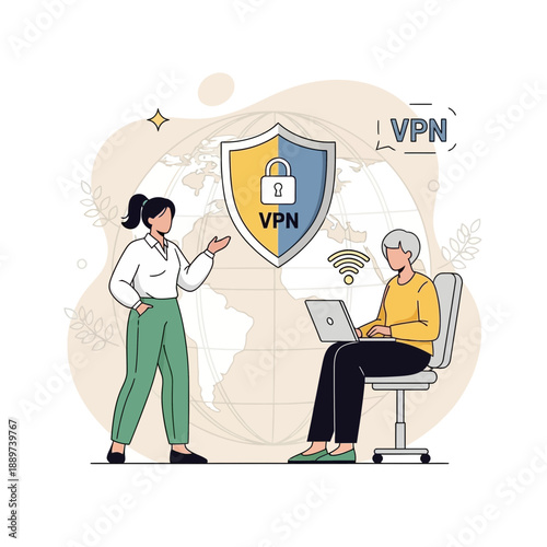 Illustration of a woman explaining a vpn shield to a man sitting with a laptop
