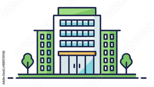 Modern office building with green accents isolated on white background, Vector
