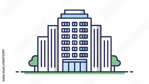 Modern office building with green spaces isolated on white background, Vector