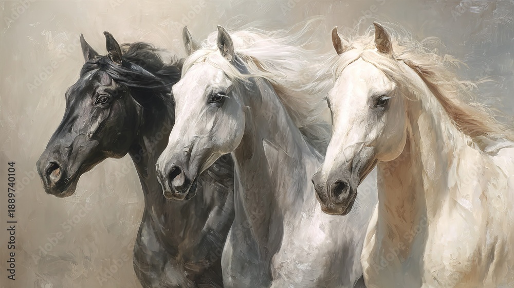 Obraz premium Three horses running side by side head and neck close-up, gray silver horses with shiny coats, blurred background soft light, renaissance historical art style material