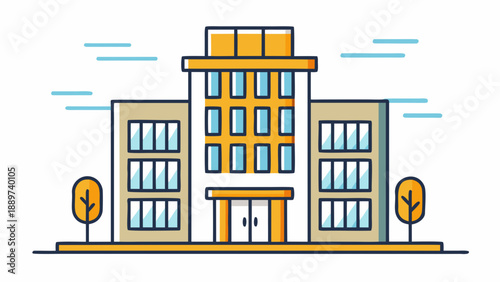 Modern office building with trees isolated on white background, Vector