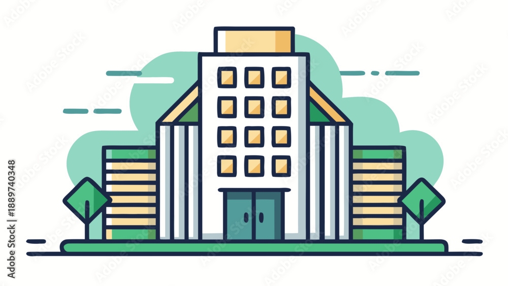 Obraz premium Modern office building with green surroundings isolated on white background, Vector