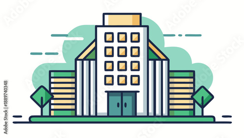 Modern office building with green surroundings isolated on white background, Vector