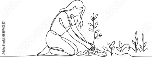 Single continuous line drawing young woman planting a tree in the garden. Ecology concept. The spring planting. Early seedlings grown from seeds. Agriculture. Earth day. one line Icon drawing