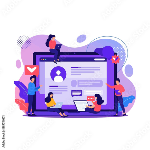 Group of people working on and around a large computer screen