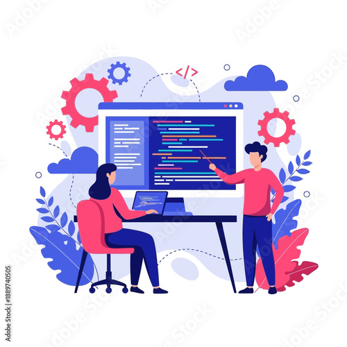 Two people collaborating on coding and software development project