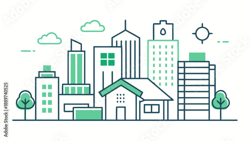 Urban skyline with green building isolated on white background, Vector