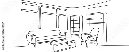 Single one line drawing stylish room with full furniture modern. Furniture showroom with Scandinavian interior design. Open windows with natural lighting. one line Icon drawing