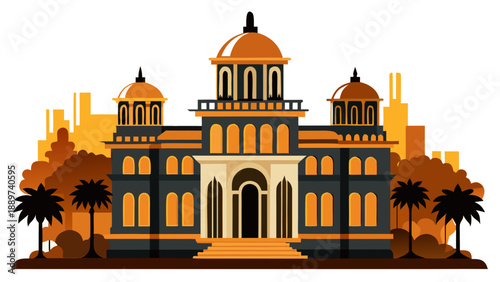 Illustrated palace with domed towers isolated on white background, Vector