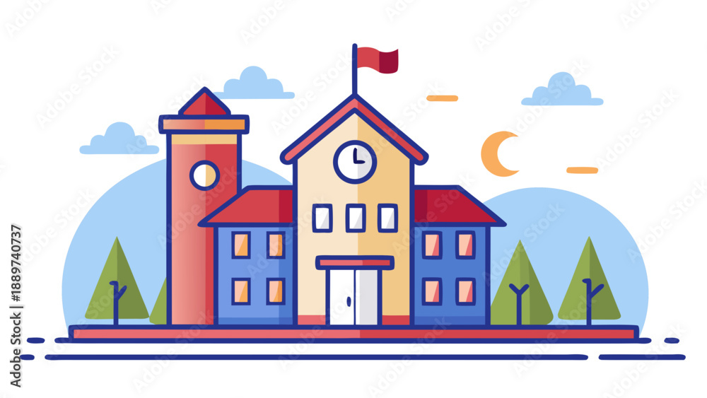 Fototapeta premium School building with clock tower isolated on white background, Vector