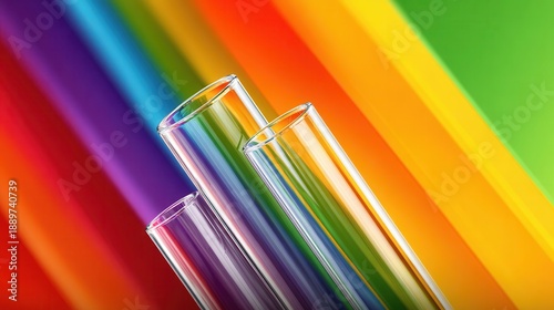 Colorful glass test tubes on vibrant rainbow background