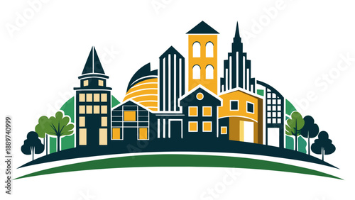 Diverse cityscape with modern and historic buildings isolated on white background, Vector