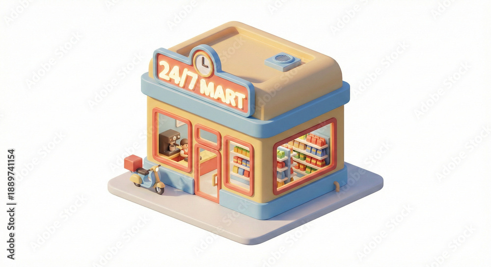 Fototapeta premium Cute 3D isometric convenience store building with delivery scooter isolated on white background.