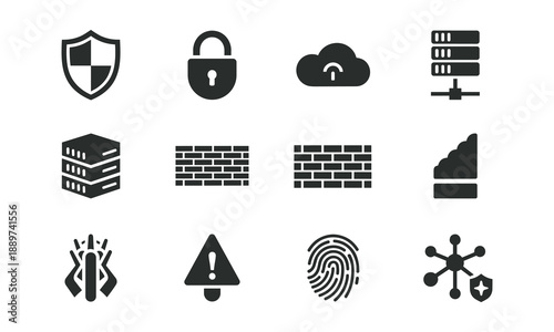 Black security icons set including shield, padlock, cloud, server, database, brick wall, graph, network, warning, fingerprint, and hacking symbols
