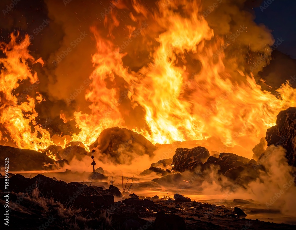 Fototapeta premium A massive fire burns across a landscape