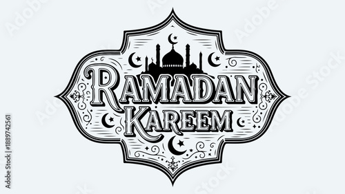Ramadan Kareem decorative lettering with Islamic crescent moons and mosque silhouette.