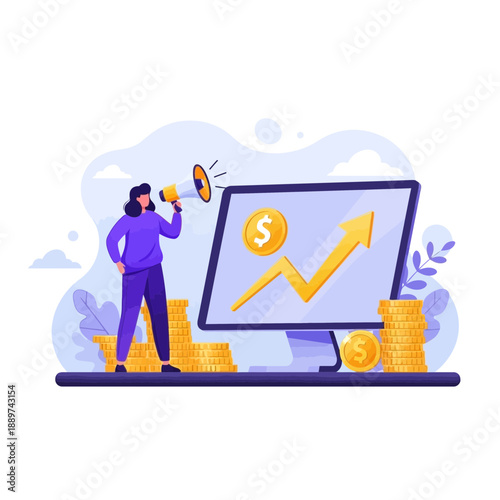 Illustration of a woman standing next to a large computer screen with a growing graph and coins on a blue background with yellow accents