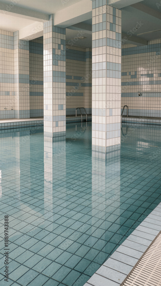 Obraz premium Serene indoor swimming pool with symmetrical tiled columns and calm water reflections, ideal for boutique hotel brochures, spa branding, and modern interior concepts.